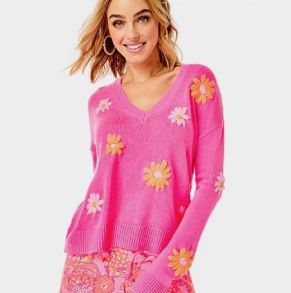 LILLY PULITZER Tensley Sweater Aura Pink Blooming Embroidery Sz XL $178 {3U30}